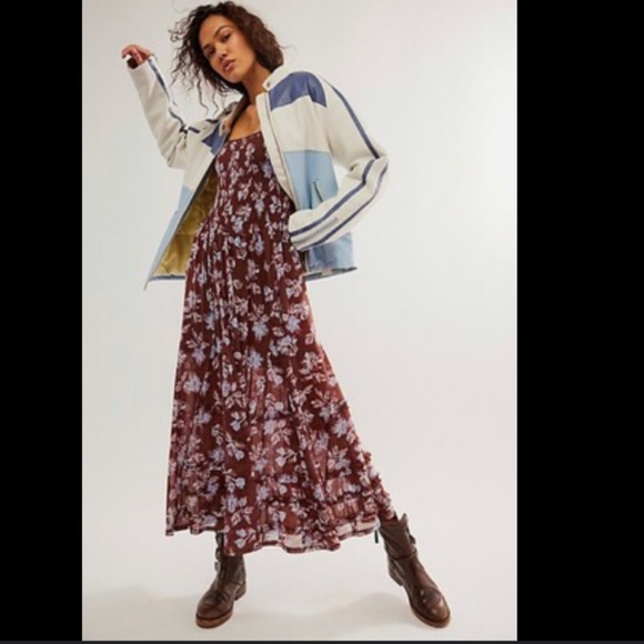 Free People Starlit Nights MIDI Dress Smocked Sheer Slip Floral Medium Med M FP - Picture 7 of 8